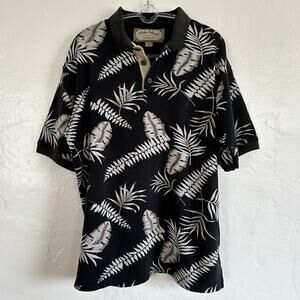 Palm Island Hawaiian Polo Shirt Men Sz M Black Palm Leaves